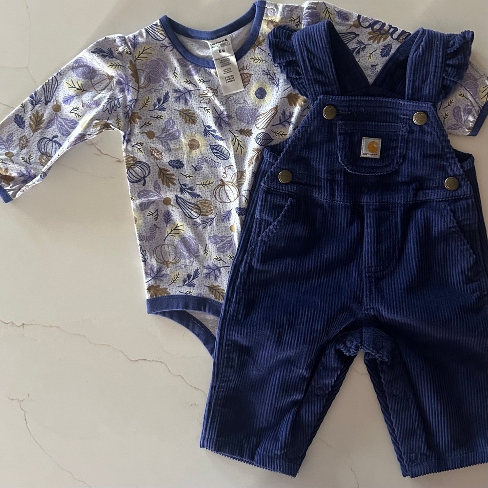 Baby Girl Carhartt Dark Purple Corduroy Overalls Fall Pumpkin Shirt 6 Months